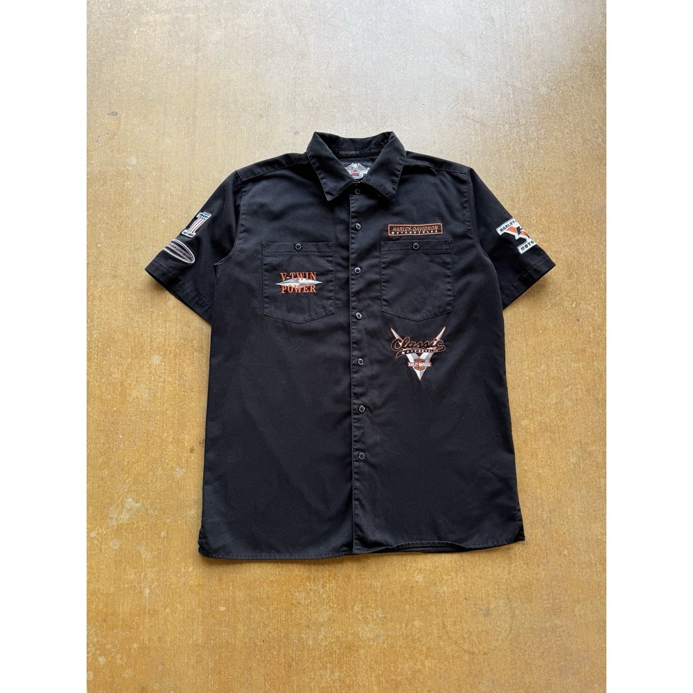 VTG 90s Harley Davidson Black Biker Cotton Button Up Shirt Embroidered (L) Y2K